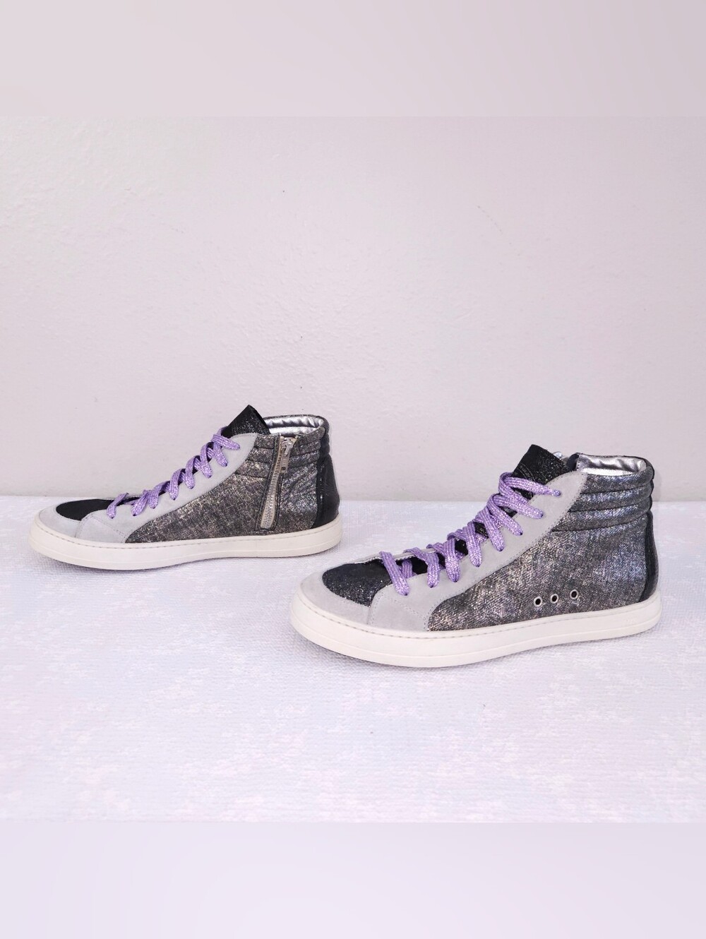 P448 Skate High Top Sneakers Black Metallic Silver Gray Purple Laces EU 40